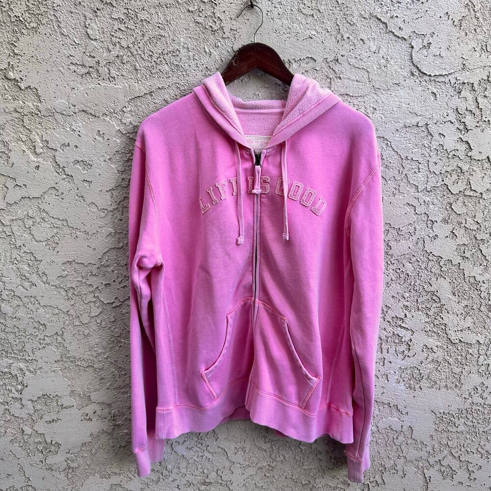Life Is Good Applique Logo Full Zip Pink Hoodie Sweatshirt Size XL